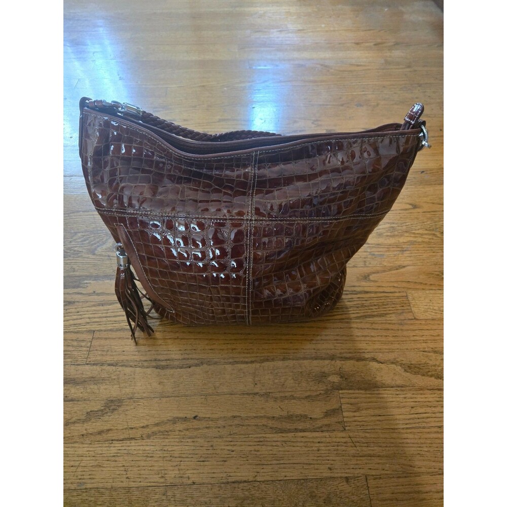 Brighton Cher Muse Xl Brown Patent Leather Croc Shoulder Bag Purse Tote